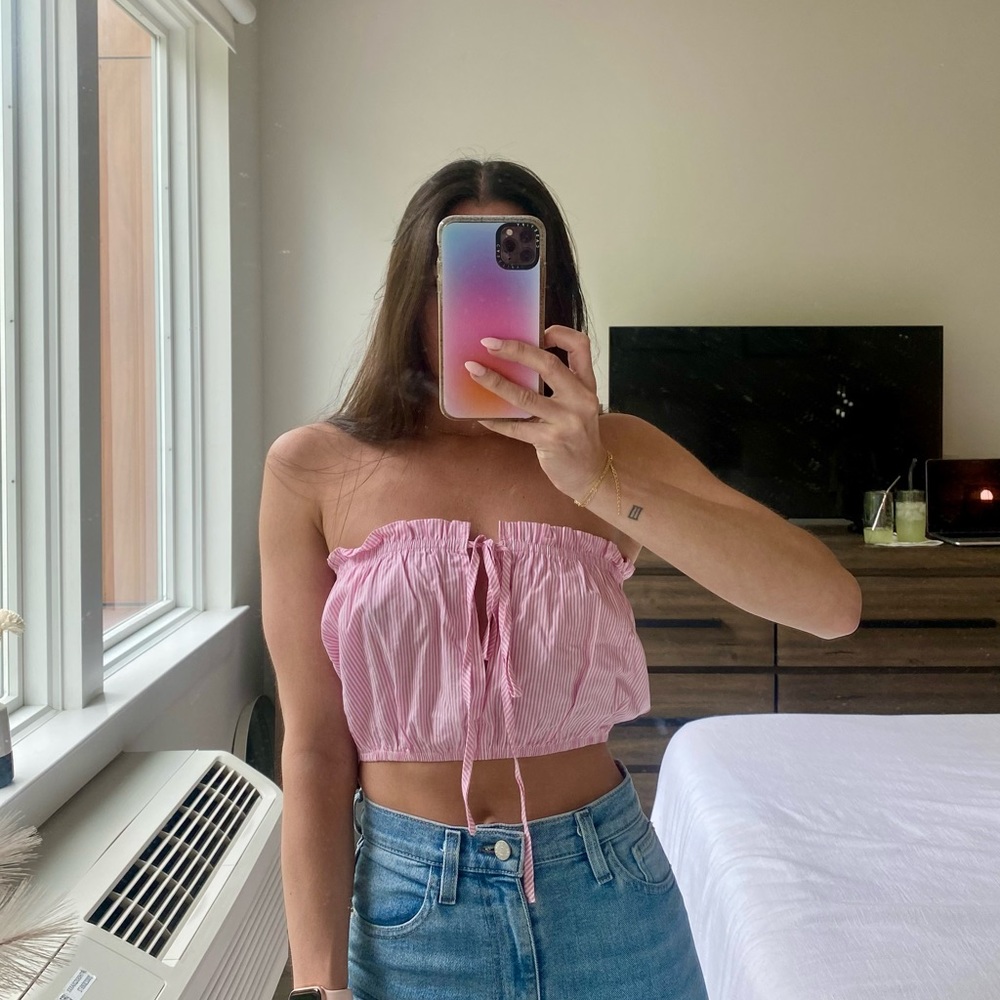 Strapless Pink Striped Crop Top